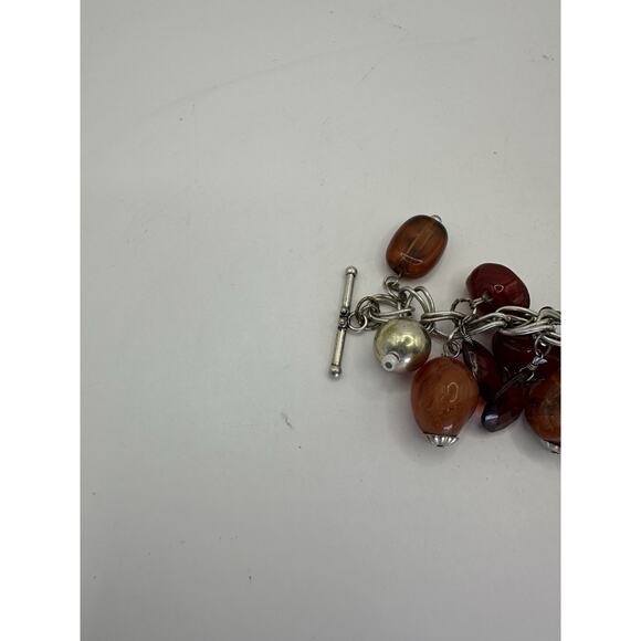 Vintage BoHo Style Silver Tone Bracelet w/ Red Agate Glass Faux Pearls 7" - Picture 5 of 8